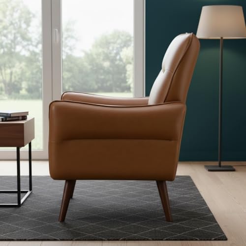 Image of Lakdi The Furniture Mid-Century Modern Faux Leather Accent Chair with Solid Wood Legs, Comfortable Upholstered Lounge Chair for Living Room | 5 Years Warranty | Free Assembly - 15185259