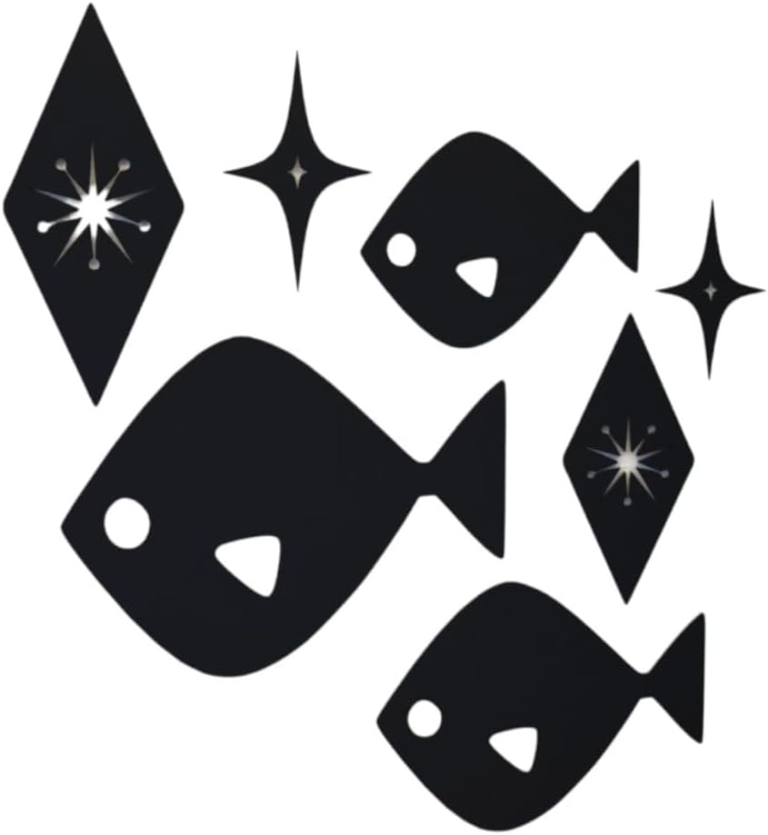 Mid Century Modern Atomic Fish Diamond Starburst Vintage Style Art Deco Wall Art | 1960s Retro Decor 50s Home Office MCM Midmod Decoration (Black)