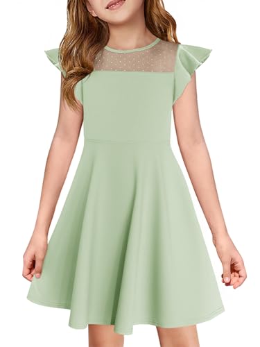 Haloumoning Girls Dress Summer Ruffle Sleeve Mesh A Line Casual Party Dresses with Pockets for Kids 4-14 Years Light Green