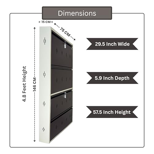 Image of Premium 4 Door Wall Mount Metal Shoe Rack | 30 inch Wide | Fits Size 12 | Dual Lock 2+2 Door Setup (Dark Brown, 4 Door)