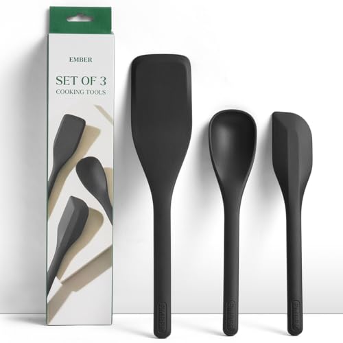 Image of Ember Cookware Silicone Spatula Set of 3 - Stir, Flip & Scraper | 230C Heat Resistant | Platinum Grade Silicone- Food Safe | Seamless Unibody Design | Black