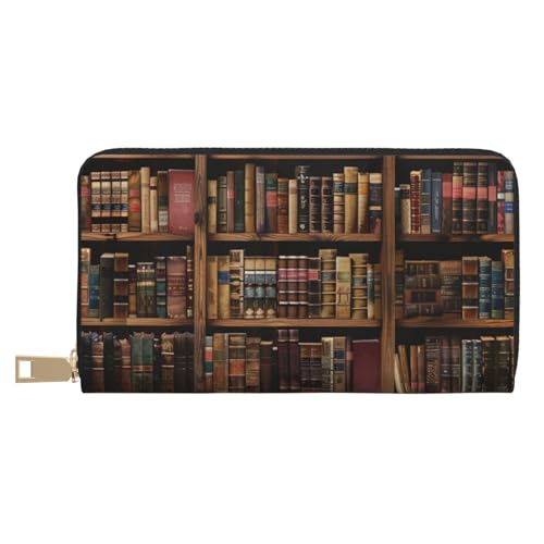 Library Bookshelf Book Printed Long Wallet for Women Men - PU Leather Wallets Card Holder with Zip Coin Pocket