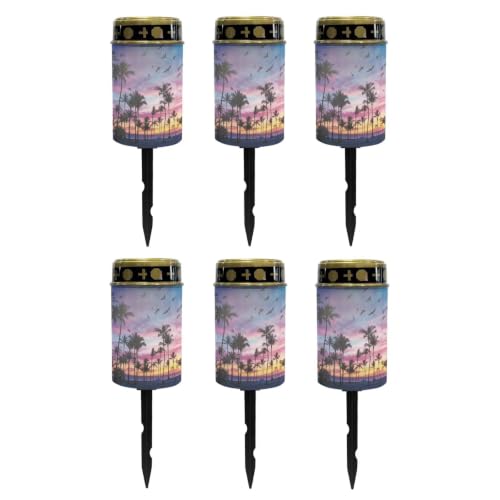Image of Poceacles Solar Lights Outdoor Solar Powered Outdoor Cemetery Stake Candle Grave Lamp Landscape Lighting Waterproof Grave Flameless Candle, Palm Tree Beach Sunset Pattern Violet Blue, Pack of 6