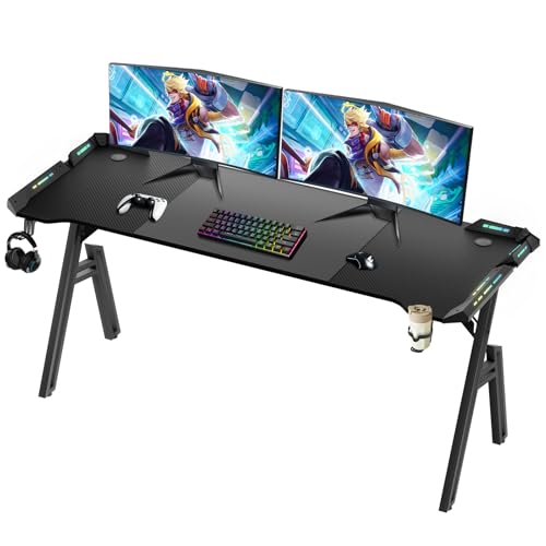 Escritorio Gaming LED，160 × 60cm Escritorio Gaming de Fibra de Carbono Ergonómicas，LED Mesa Gaming Ergonómica，Escritorio Ordenador con Portavasos y Gancho para Auriculares，Estación de Trabajo Gamer