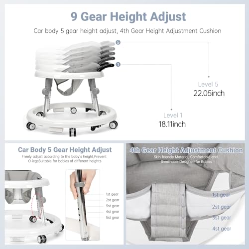 Baby Walker Foldable with 9 Adjustable Heights, Baby Walker with Wheels Portable, Infant Toddler Walker for Baby Boy Girls 6-18 Months (White) - Image 4