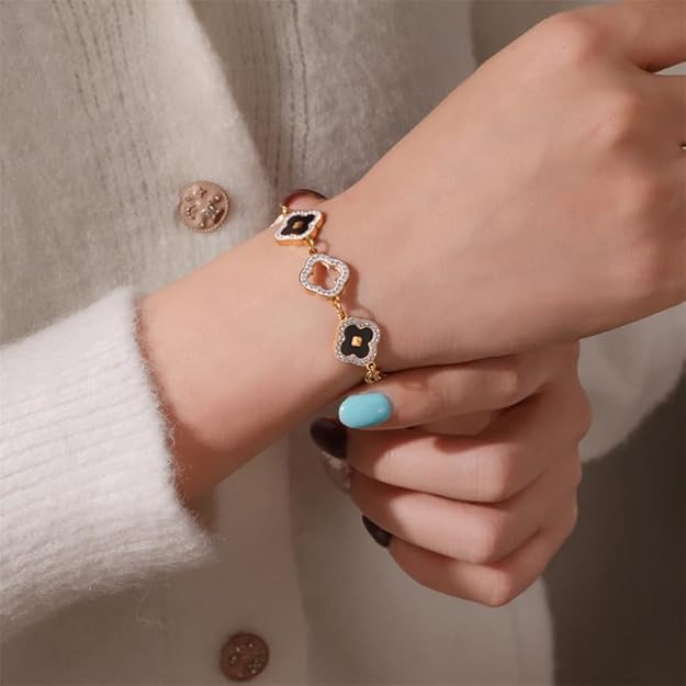 Four Leaf Clover Bracelets for Women, 18K Gold Plated Clover Jewelry Set-Tone with Green Enamel Clover Charms, Crystal Accents, Elegant Gift for Women Packed in a Packaging Box (Black) - Image 6