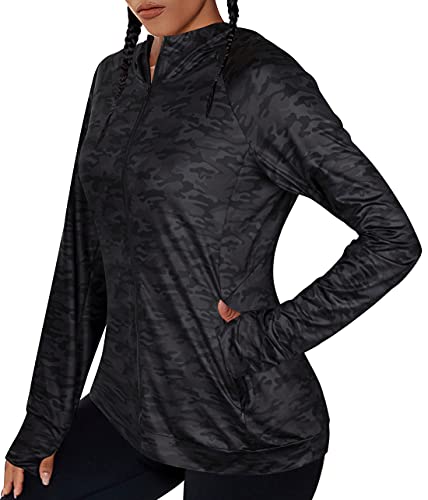 Maintain Vigour Women's Full Zip Workout Jackets, Long Sleeve Active Track Running Jacket, Lightweight Yoga Athletic Jacket(Zipper-Black Camo,XX-Large)