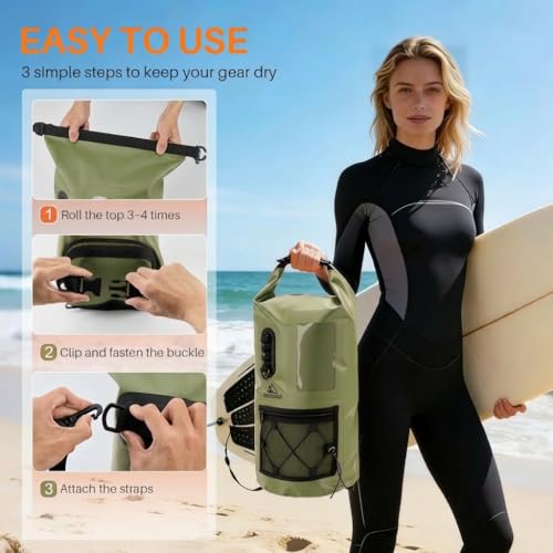 Image of Waterproof Dry Bag 500D PVC Roll Top Dry Sack with 3 Carrying Ways, Lightweight Waterproof Bag for Kayaking, Swimming, Boating, Paddle Boarding, Hiking, Beach (Army Green, 27L)