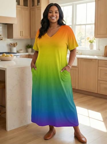 Image of SUZONANA Women Casual T-Shirt Dress V Neck Short Sleeve Solid Color Oversize Dress with Front Two Pockets