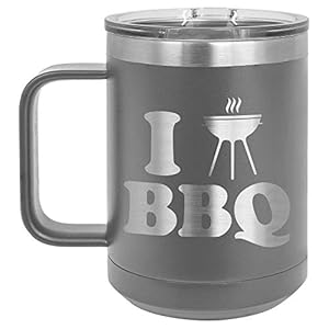I Love BBQ B GRAY 15 oz Coffee Cup w/Slide Top Lid | Insulated Travel Coffee Mug | BBQ & Grilling Gift Idea For Men Who…