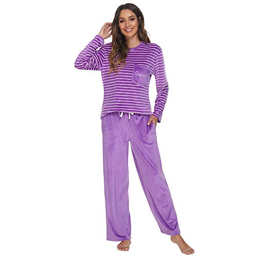 U2SKIIN Conjunto de pijama feminino de lã, listrado, pijama feminino macio, Violet-white Stripe/Viol