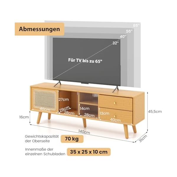 COSTWAY TV Schrank Bambus, TV Lowboard mit Rattan- & Glasschiebetüren, Fernsehtisch mit 2 Schubladen, Fernsehschrank für TVs bis 65 Zoll, für Wohnzimmer, 140 x 31 x 45,5 cm – Bild 6