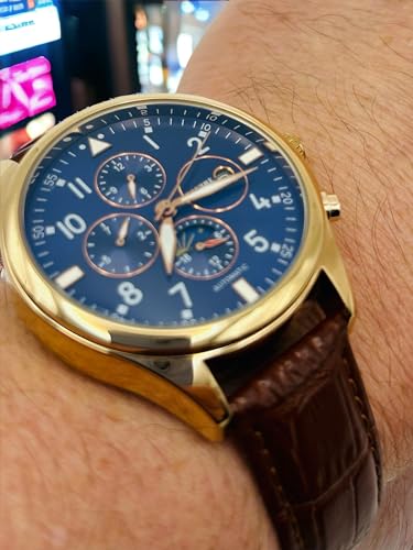 Automatic Brown Leather Strap Watches for Men with Gold Case - Mechanical Blue Dial - Luxury Watch - Analog Watches4
