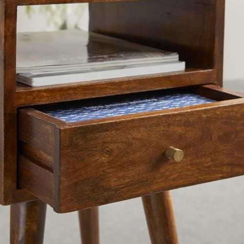 Image of CRAFT D ARTS Solid Wood Bedside Table for Bedroom| Wooden Bedside Nightstand Table with 1 Drawer & Open Shelf Storage | Modern End Table for Home & Living Room, Dark Natural Finish