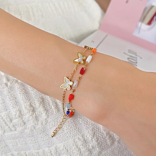 Image of Fashion Stainless Steel Acrylic Bead Butterfly Charm Chain Bracelet Double Layer Stack Adjustable Link Bracelet(Gold)