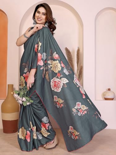 Image of Satrani Women's Tussar Silk Floral Printed Saree with Unstitched Blouse Piece
