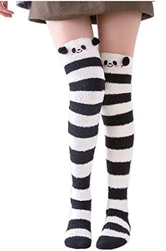 Hotmiss Girl's Leg Warmers Soft Warm Animal Coral Fleece Thigh High Long Striped Socks (Panda)