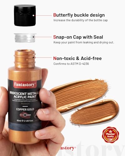 Image of Fantastory 60ml 20 Colors Metallic Acrylic Paint Set with 12 Brushes | Professional Series, Color-Shifting, Perfect for Metal, Canvas, Rock, Stone, Ceramic, Model, Wood Painting