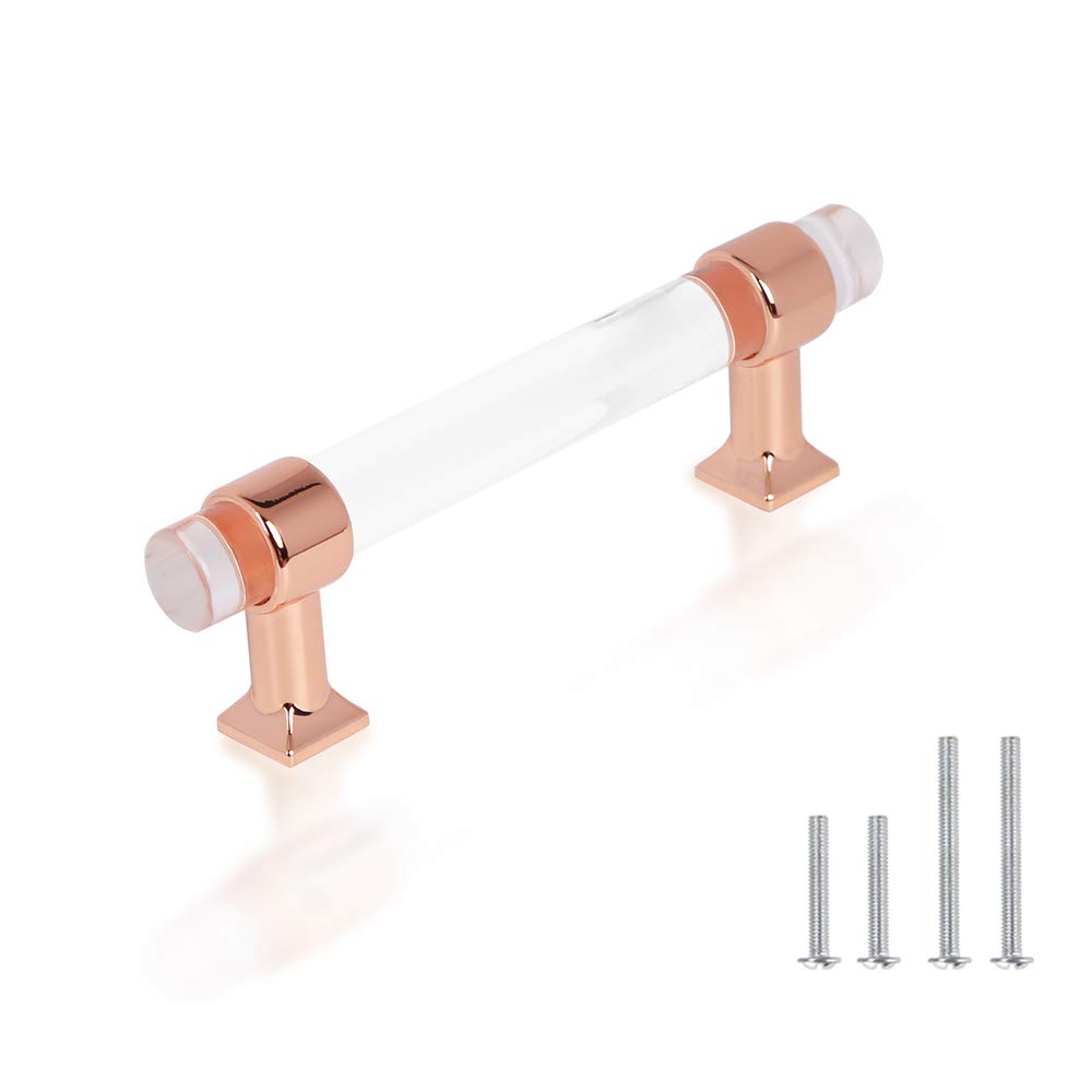 knobelite Kitchen Cabinet Handle 5 Pack 3 3/4 Inch Hole Center Acrylic Crystal Cabinet Pulls, Zinc Alloy Base Polished Rose Gold Drawer Pulls Modern Dresser Knobs Cupboard Cabinet Handle Pulls