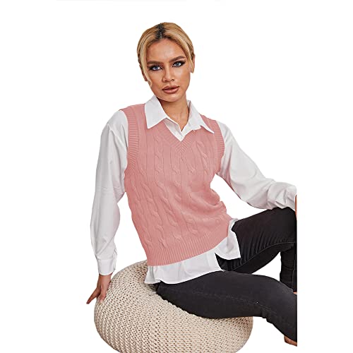 Fisoew Women's Sleeveless V-Neck Vintage Sweater Knitted Vest Casual Preppy Style Pink #TOP2