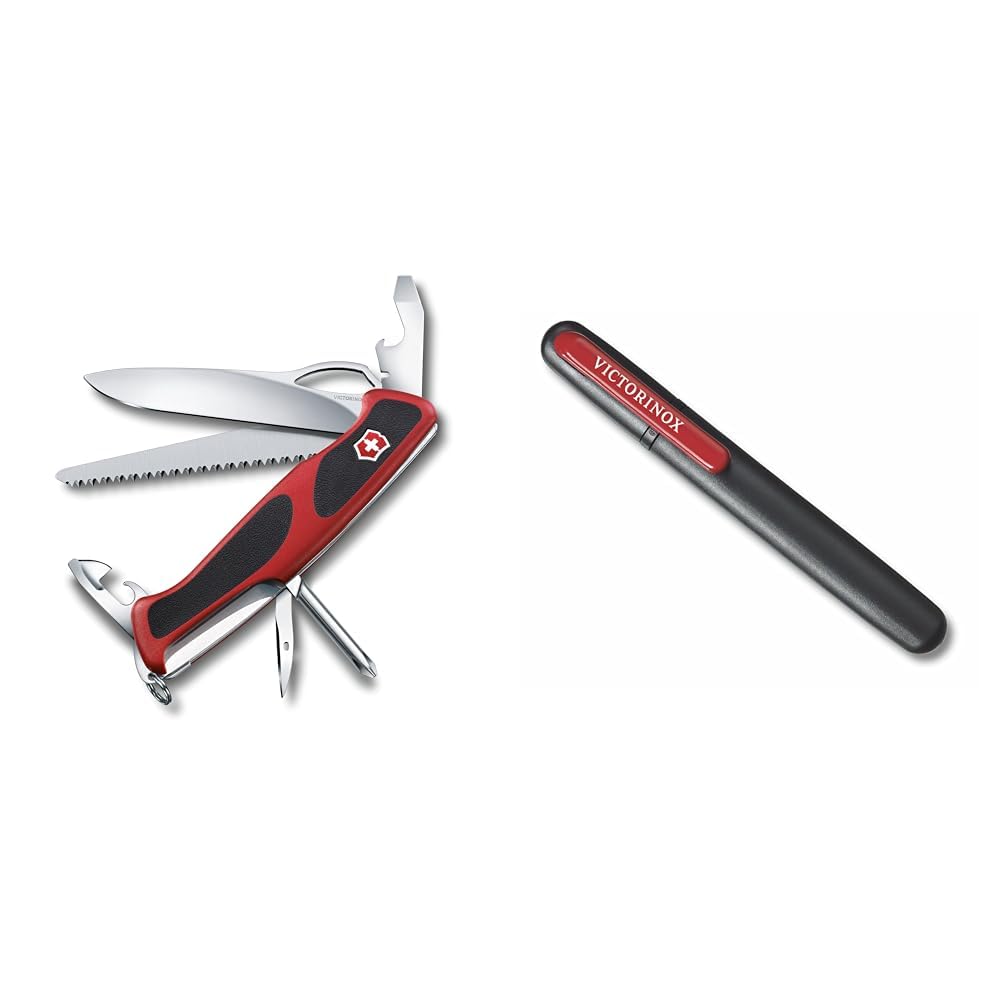 Scyzoryk Victorinox Ranger Grip 78 (12 funkcji, blokowanie ostrza jedną ręką, piła do drewna, otwieracz do butelek) czerwono-czarny & podwójna ostrzałka do noży Victorinox, czarna