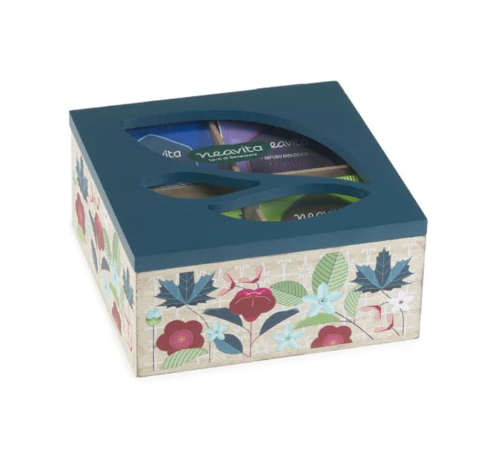 Tisana Collection - Cofanetto in Legno Azzurro 4 scomparti con 20 Tisane e Infusi Bio in Filtro Tisane 100% biologiche con materie prime di alta qualità