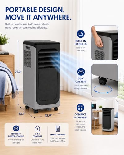 Image of Coolblus Portable Air Conditioners 16000 BTU, Wi-Fi Smart Portable AC Unit for Room Up to 750 Sq.Ft, 3 in 1 Quiet AC with Cool /Dehumidify /Fan, Window Kit, Black-16000BTU-WIFI
