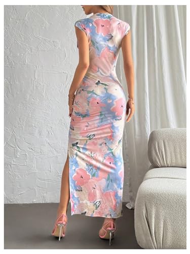 Milumia Women‘s Floral Print Mock Neck Sleeveless Dress Fishtail Bodycon Maxi Dresses3