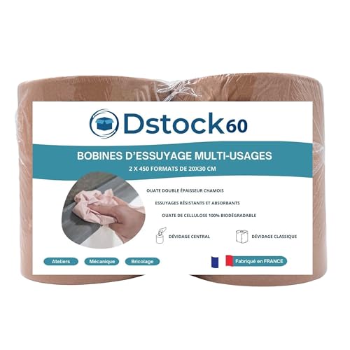 DSTOCK60 - Lot de 2 Bobines d’Essuyage Multi-Usages – Ouate Double Épaisseur Chamois – 450 formats de 20x30 cm – Fabriqué en France