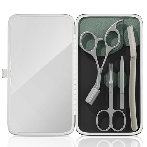 Glamne Kit de recortadora de cejas, tijeras, pinzas, afeitadora facial, juego de aseo con estuche de viaje de espejo