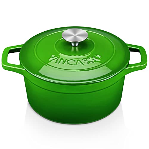 vancasso Runder Schmortopf aus emailliertem Gusseisen, 3 L, 22 cm Ø, 4 kg, Kochtopf mit Deckel, für alle Herdarten inkl. Induktion, Grün