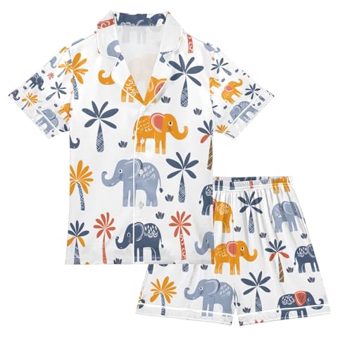 senya Hand Drawn Elephants Satin Summer Pajama Sets Silk Short Sleeve Button Down Sleepwear
