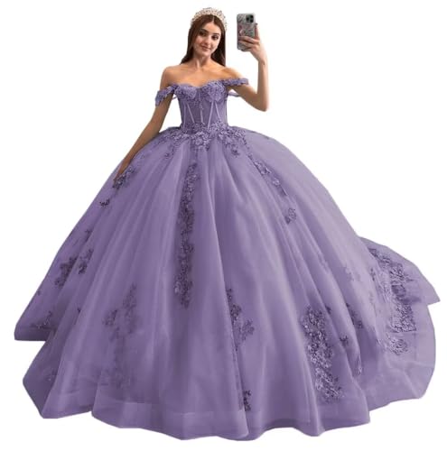 Mouccy Sparkly Lace Pearly Quinceanera Dresses Puffy Beaded Sweet 16 Ball Gown Tulle 3D Floral Off Shoulder Prom Gown XXF047