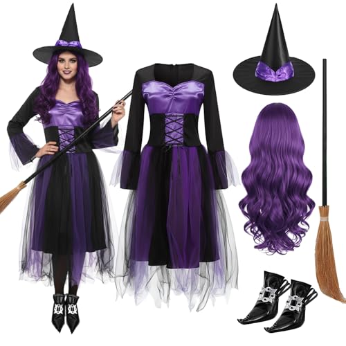 Maiteenly Witch Costume Set with Witch Hat, Cosplay Wig, Dress, Broom, Shoe Covers for Women Halloween Dress up(Purple,L)