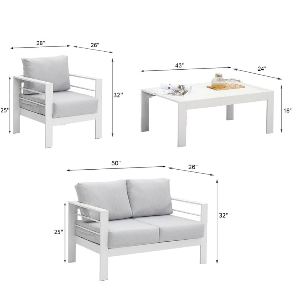 GOWE Patio Outdoor Convertible Sofa Aluminum White Sofa Couch Furniture Set with End Side Coffee Table 4 Pieces