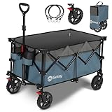 Sekey キャリーワゴン 大容量150L 耐荷重150kg 驚くほどコンパクト&軽量【小回りの良いブレーキ付きノーパンクタイヤ】 簡単組立 ワンタッチ収束型 アウトドアワゴン キャンプカート ブルー＆グレー