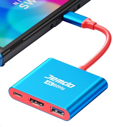 JEMDO Portable Dock Adapter for Switch, Travel Docking Station for TV with 4K@60Hz HDMI Output & PD Fast Charging & USB 3.0 Compatible with Switch/OLED, Steam Deck, MacBook Pro/Air, ROG Ally