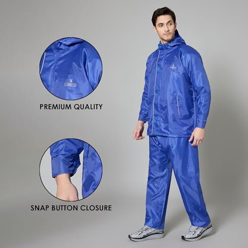 Image of THE CLOWNFISH Rain Coat for Men Waterproof Raincoat with Pants Polyester Reversible Double Layer Rain Coat For Men Bike Rain Suit Rain Jacket Suit Inner Mobile Pocket, Storage Bag (Royal Blue XXXL)
