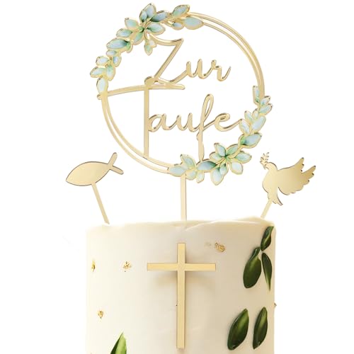 4 Stück Tortendeko Taufe, inkl. Taube & Fisch & Kreuz & Zur Taufe Tortenstecker, Cake Topper aus Acryl, Gold Kuchendeko Torte Deko für Junge Mädchen Kuchen Dekoration