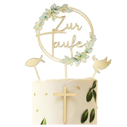4 Stück Tortendeko Taufe, inkl. Taube & Fisch & Kreuz & Zur Taufe Tortenstecker, Cake Topper aus Acryl, Gold Kuchendeko Torte Deko für Junge Mädchen Kuchen Dekoration