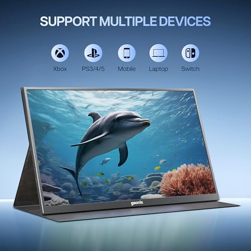Image of GEONIX 16.1 inch Portable Monitor Full HD 1080p IPS Display, 300 Nits, Ultra Slim with Foldable Cover Stand, USB-C & Mini HDMI, Dual Speakers for Laptop, Phone, Tablet, Projector (Black)