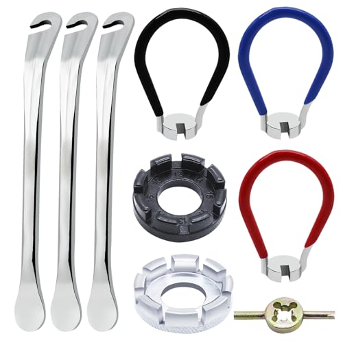 9Pcs Bike Spoke Wrench Tool Kit Bicycle Tire Levers Rim Truing Repair Tools Set Spoke Wrench with Rubber Handle Bike Repair Tool Kit Bike Wheel Rim Correct Spoke Adjustment Repair Kit for Bicycles