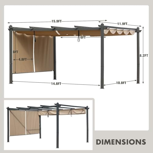 BPS-16×12-FT-Outdoor-Pergola-with-Retractable-Shade-Canopy-Aluminum-Frame-Roller-Shade-Curtains-Grape-Trellis-Design-for-Patio-Backyard-and-Deck-Khaki BPS 16×12 FT Outdoor Pergola with Retractable Shade Canopy Aluminum Frame Roller Shade Curtains Grape Trellis Design for Patio Backyard and Deck Khaki