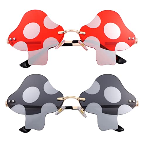JOVAKIT Mushroom Shaped Sunglasses for Women Men Vintage Rimless Sun Glasses Retro rave Party Halloween Eyeglasses (Gold/Red+Gold/Grey)