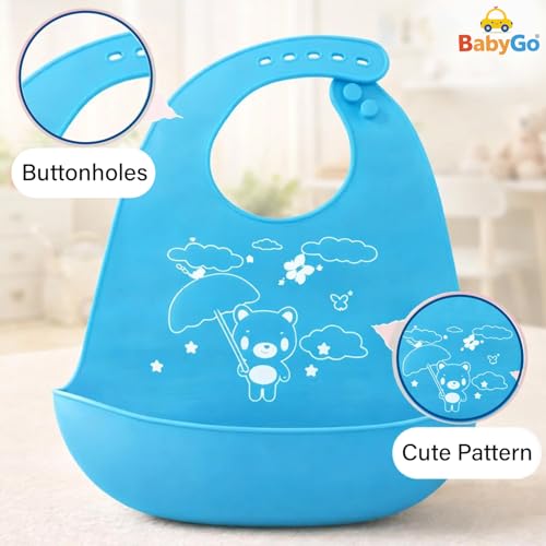 Image of BabyGo Silicone Baby Bib for Feeding & Weaning Infants & Toddlers |Waterproof, Washable & Reusable | Adjustable, Lightweight & Foldable Bib with Food Catcher Pocket |Light Blue (Pack of 1)