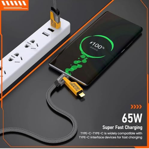 Image of PremiumAV 65W Fast Charging Cable - 2-in-1 USB-A to USB-C and Lightning Multi-Angle Nylon Braided Cable for iPhone, Android, Tablets, Power Banks, and USB-C Devices