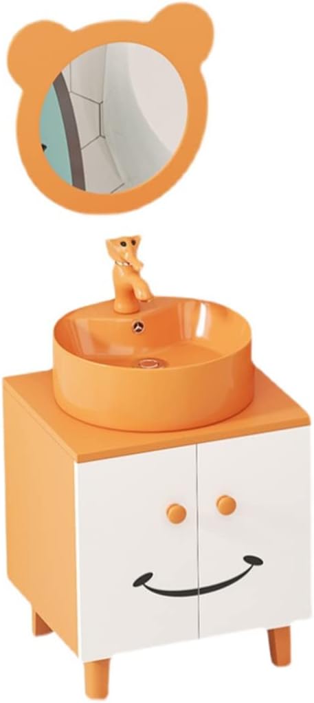 Colored Washbasin,Kindergarten Solid Wood Bathroom Cabinet Combination,Cartoon Sink Washstand with Mirror Orange (Orange)