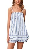 Picture of calbatic Women 2 Piece Lounge Set Striped Summer Pajama Set Sleeveless Peplum Cami Top and Wide Leg Shorts Set Beachwear Blue