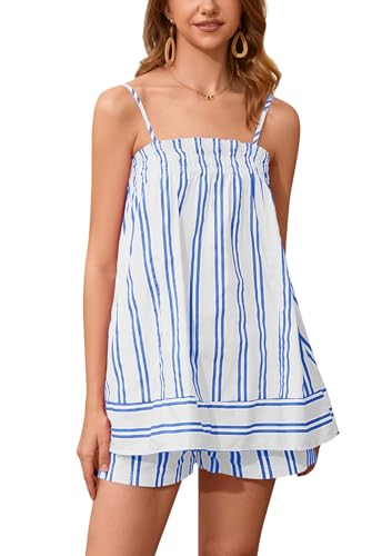 Image of calbatic Women 2 Piece Lounge Set Striped Summer Pajama Set Sleeveless Peplum Cami Top and Wide Leg Shorts Set Beachwear