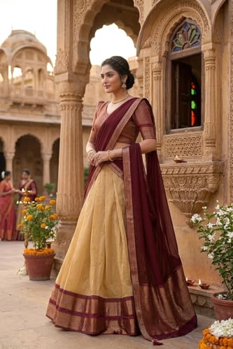 Image of RENVAANI Women's Traditional Kanjivaram Kanchipuram Silk Zari Weaving Unstitched Lehenga Choli with Dupatta
